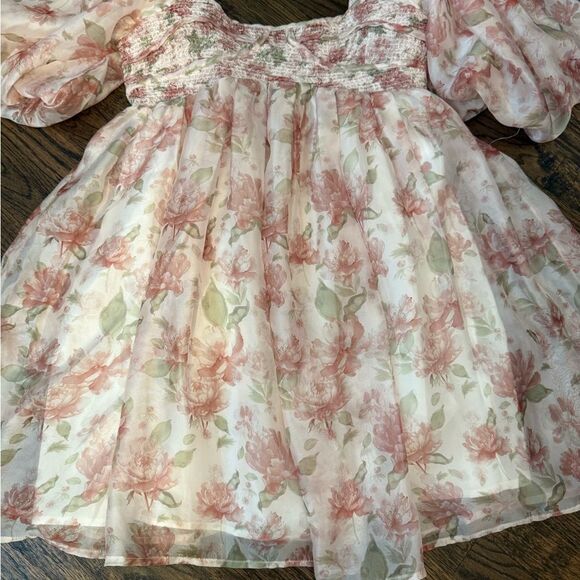 Sofie the Label Floral Smocked Mini Dress in Peach-jj6 - Picture 8 of 12